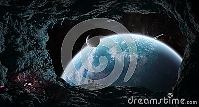 Astronauts exploring a cave in asteroid 3D rendering elements of Stock Photo