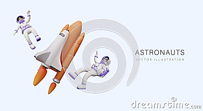 Astronauts float in zero gravity near orange space shuttle Vector Illustration