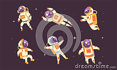 Astronauts Floating in Outer Space Set, Spaceman in Spacesuit Performing Extravehicular Activity Vector Illustration Vector Illustration