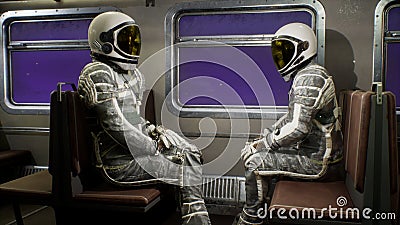 Astronauts fly on a space train through the universe at breakneck speed. A space train with astronauts travelling at the Stock Photo