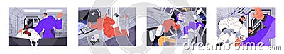 Astronauts inside spaceship. Cosmonauts, men and women travel in space ship, cosmos shuttle interior. Astronomy crew in Vector Illustration