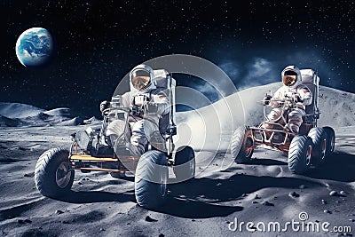 Astronauts on lunar vehicles racing across the moon's surface. Moon exploration concept. Generative AI Stock Photo