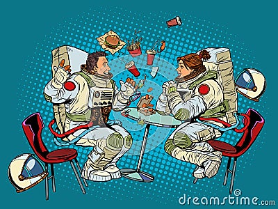 Astronauts man and woman couple date at fast food restaurant Vector Illustration