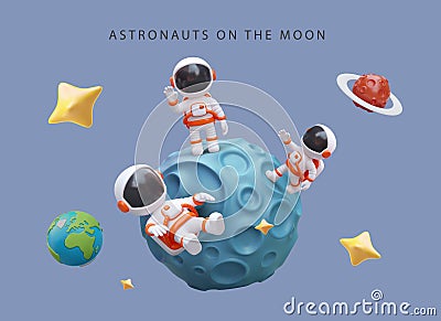 Astronauts on moon. Cosmonaut on dead planet. 3D illustration in cartoon style Vector Illustration