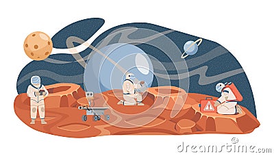 Astronauts and scientists exploring planet surface vector flat illustration. Planet colonization and space exploration. Vector Illustration