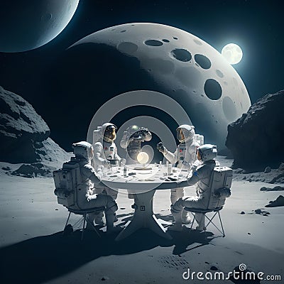 Astronauts Sitting At Around Table On The Moon With A Mystical Futuristic Object Generative AI Stock Photo