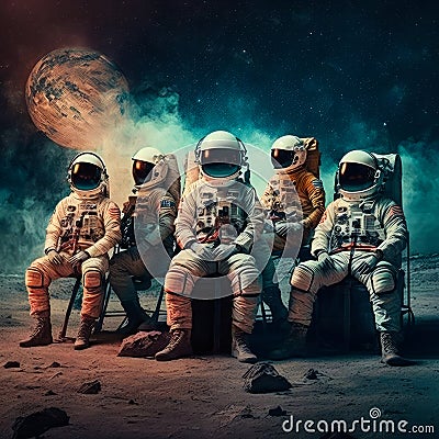 Astronauts sitting on chairs in front of the moon. Generative AI Stock Photo