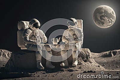 Astronauts sitting on the moon drinking tea Cartoon Illustration