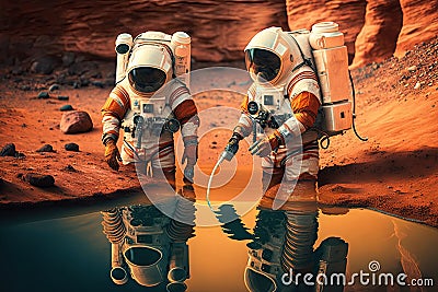 Astronauts discover water on planet mars illustration generative ai Cartoon Illustration