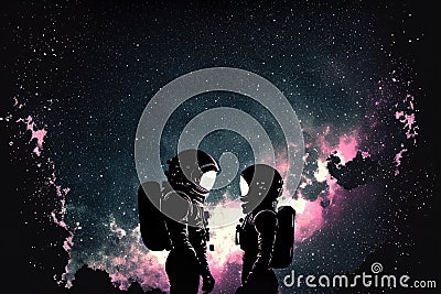 Astronauts in space suit standing together against abstract futuristic background. Couple silhouette at dark cosmic Stock Photo