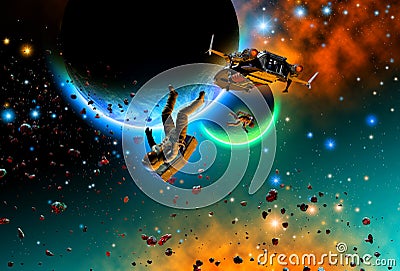 Astronauts and spaceship exploring an alien Planetary system, 3d illustration Stock Photo