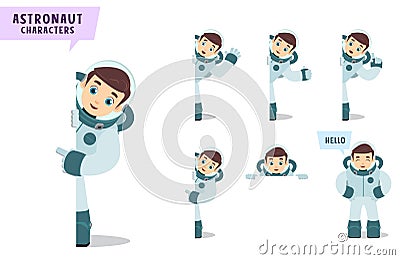 Astronauts vector character set. Spaceman cartoon character talking and showing empty white board Vector Illustration