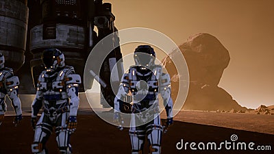 Astronauts walk on the surface of Mars after landing in a rocket. Panoramic landscape on the surface of Mars. 3D Stock Photo