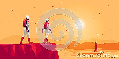 Astronauts walking on mars surface with space starship rocket Vector Illustration