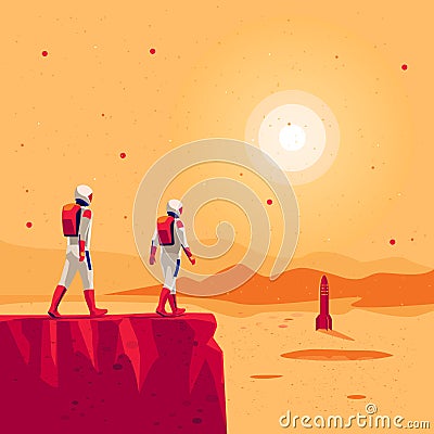 Astronauts walking on mars surface with space starship rocket Vector Illustration