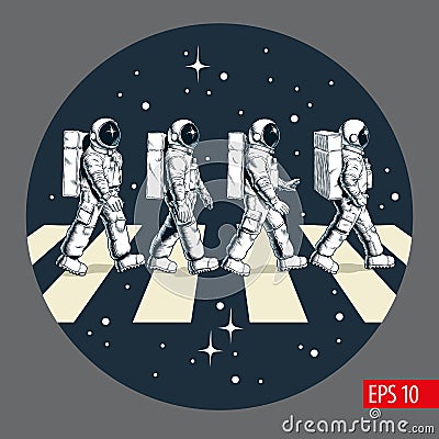 Astronauts walking through pedestrian crossing or zebra crossing. Stars on background. Comic style vector illustrat Vector Illustration