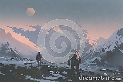 Astronauts walking to derelict spaceship on alien planet Cartoon Illustration