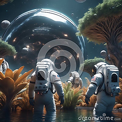 astronauts walking through water with plants and trees. Stock Photo