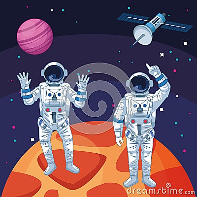 Astronauts waving hands planets satellite space exploration Vector Illustration