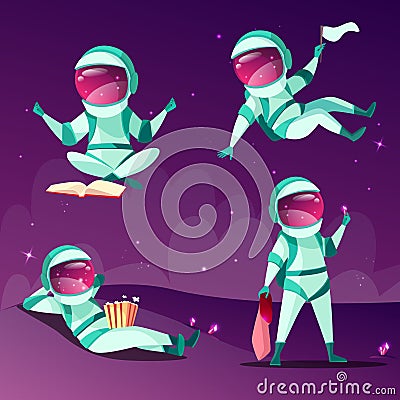 Astronauts in weightlessness zero gravity planet vector cartoon illustration Vector Illustration