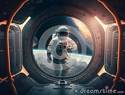 Astronauts work in outer space on the outer shell of the space station. astronaut outside the spaceship. Stock Photo