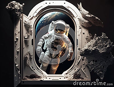 Astronauts work in outer space on the outer shell of the space station. meteorite rubble. Stock Photo