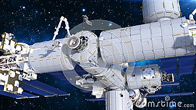 Astronauts working on space station, cosmonauts floating outside of spacecraft airlock, 3D render Stock Photo