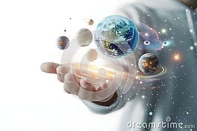 Astronomer studying the universe Recognition of planets with holograms future technology Keep it on hand, Generative AI Stock Photo