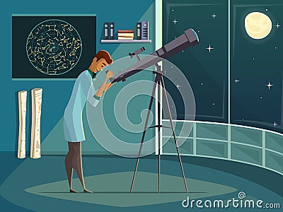 Astronomer With Telescope Retro Cartoon Poster Vector Illustration