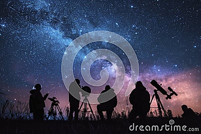 Astronomers Observing Starry Night Sky with Telescopes Stock Photo