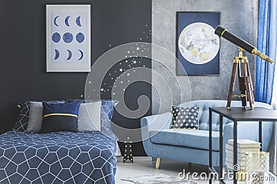 Astronomic bedroom interior with telescope Stock Photo