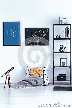 Astronomic posters in bedroom interior Stock Photo