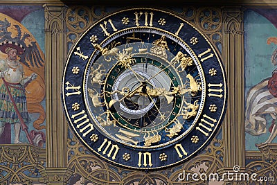 Ornamental astrological clock in historic city of Ulm on Romantic Street, Baden-Wuerttemberg, Germany. Stock Photo