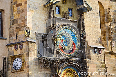 Astronomical clock in Prague, Czech Republic. Famous Orloj on the Old Town Square of the Czech capital. Photographed during Stock Photo