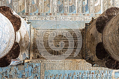 Wall descriptions at Dendara Hathour Temple located at Qena, Egypt Stock Photo