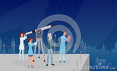 Astronomical observation, stargazing flat vector illustrations. Professional astronomers team, astronomy experts and Vector Illustration