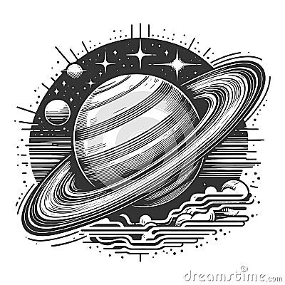 Astronomical Saturn Planet engraving raster Cartoon Illustration