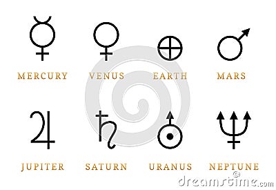 Astronomical symbols illustration of eight planets. Signs of Solar planetary system in vector Vector Illustration