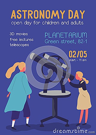 Astronomy day colorful promo poster with place for text. Cartoon girl looking into telescope with mother vector flat Vector Illustration