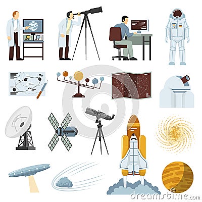Astronomy Research Equipment Flat Icons Collection Vector Illustration