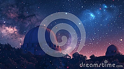 Astrophysics observatory, night, wide angle, starry sky backdrop, quest for knowledge vibe Cartoon Illustration