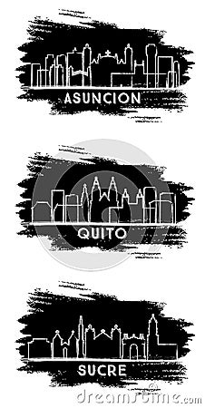 Asuncion Paraguay, Sucre Bolivia and Quito Ecuador City Skyline Silhouettes Set. Hand Drawn Sketch Stock Photo