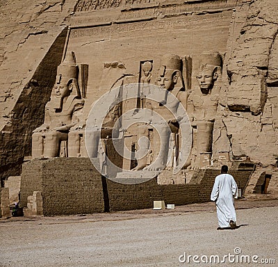 Aswan, Egypt - 2019-04-29 - Abu Simbel temple statues and hierglyphs Editorial Stock Photo