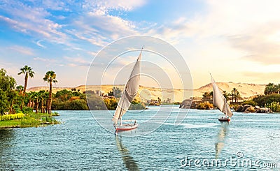 Aswan in Egypt, beautiful Nile view with sailboats Stock Photo