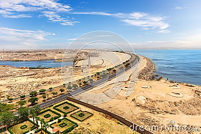 Aswan High Dam view, sunny day panorama, Egypt Stock Photo