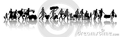 Asylum seekers silhouette walking with baggages Vector Illustration