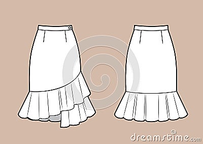 Asymmetric skirt with volant frill technikal sketch Cartoon Illustration
