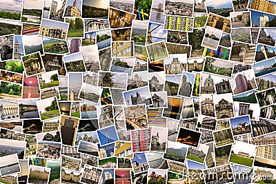 Asymmetrical mosaic mix collage of 200+ photos of different places, landscapes, objects shot by myself during Europe travels Stock Photo