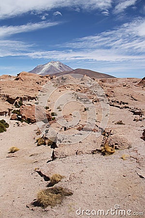 Atacama stone desert with Ollague volcano, Bolivia Stock Photo