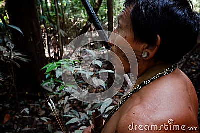 Tribal elder Binan Tukum hunting with his son for monkeys in the rainforest Editorial Stock Photo